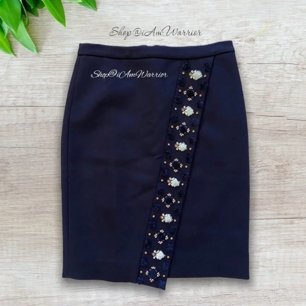 J.Crew Collection NWOT navy embellished asymmetrical bonded twill pencil skirt